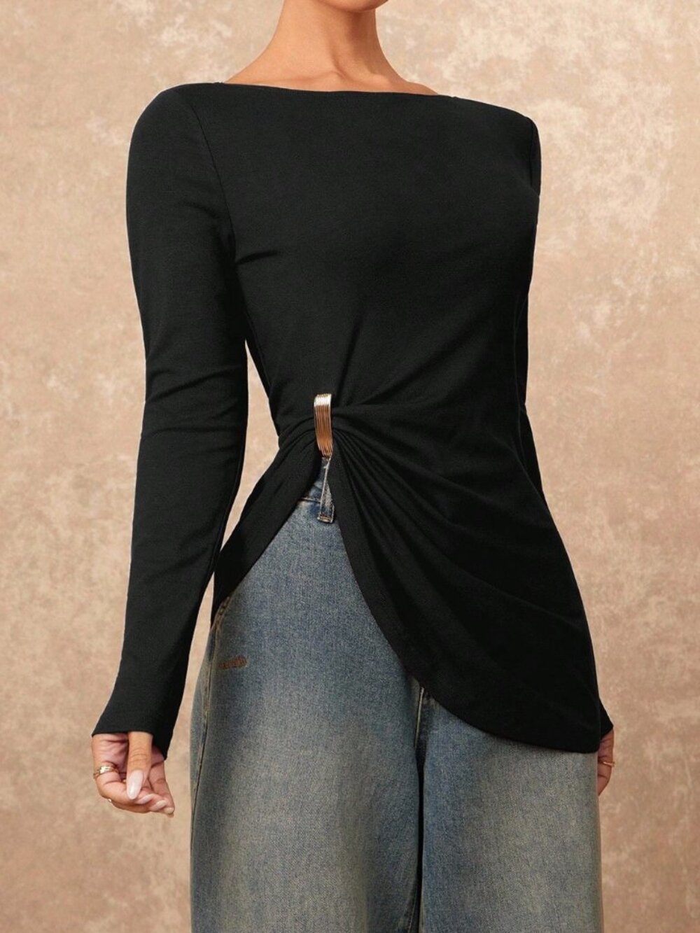 Black Casual Women's Knitted Long Sleeve High Neck T-Shirt